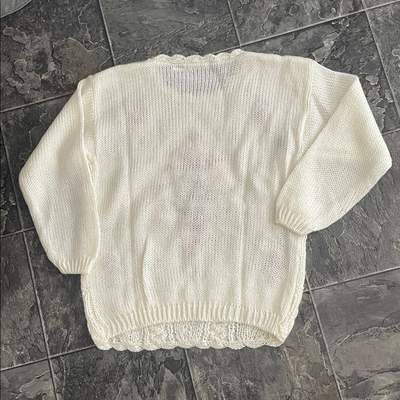 HANDKNIT Ivory Floral Bow Embroidered Scalloped Sweater Cottagecore Grandma - Picture 7 of 10